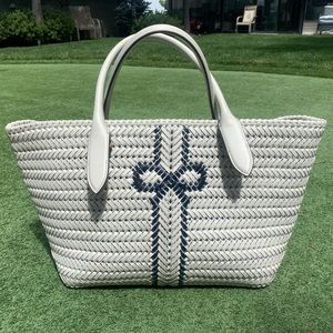Anya Hindmarch Neeson Woven Leather Tote White with Navy Accent -Pristine!